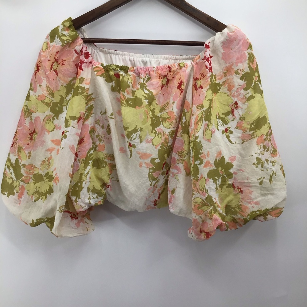 Calypso St. Barth Floral Blouse in Pink and Green Puff Sleeves - Picture 2 of 8